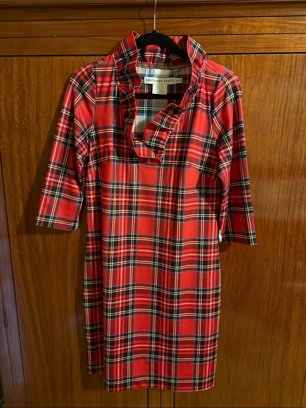 Gretchen Scott Designs Red Tartan Ruffle-Neck Midi Dress